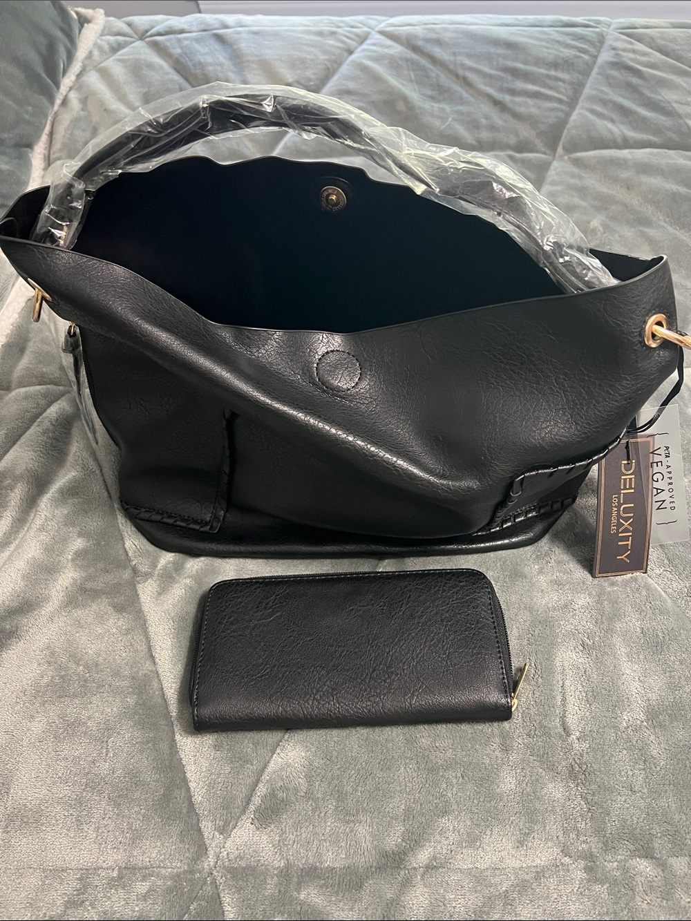 Deluxity Vegan Leather Black Shoulder Bag with Matching Wallet